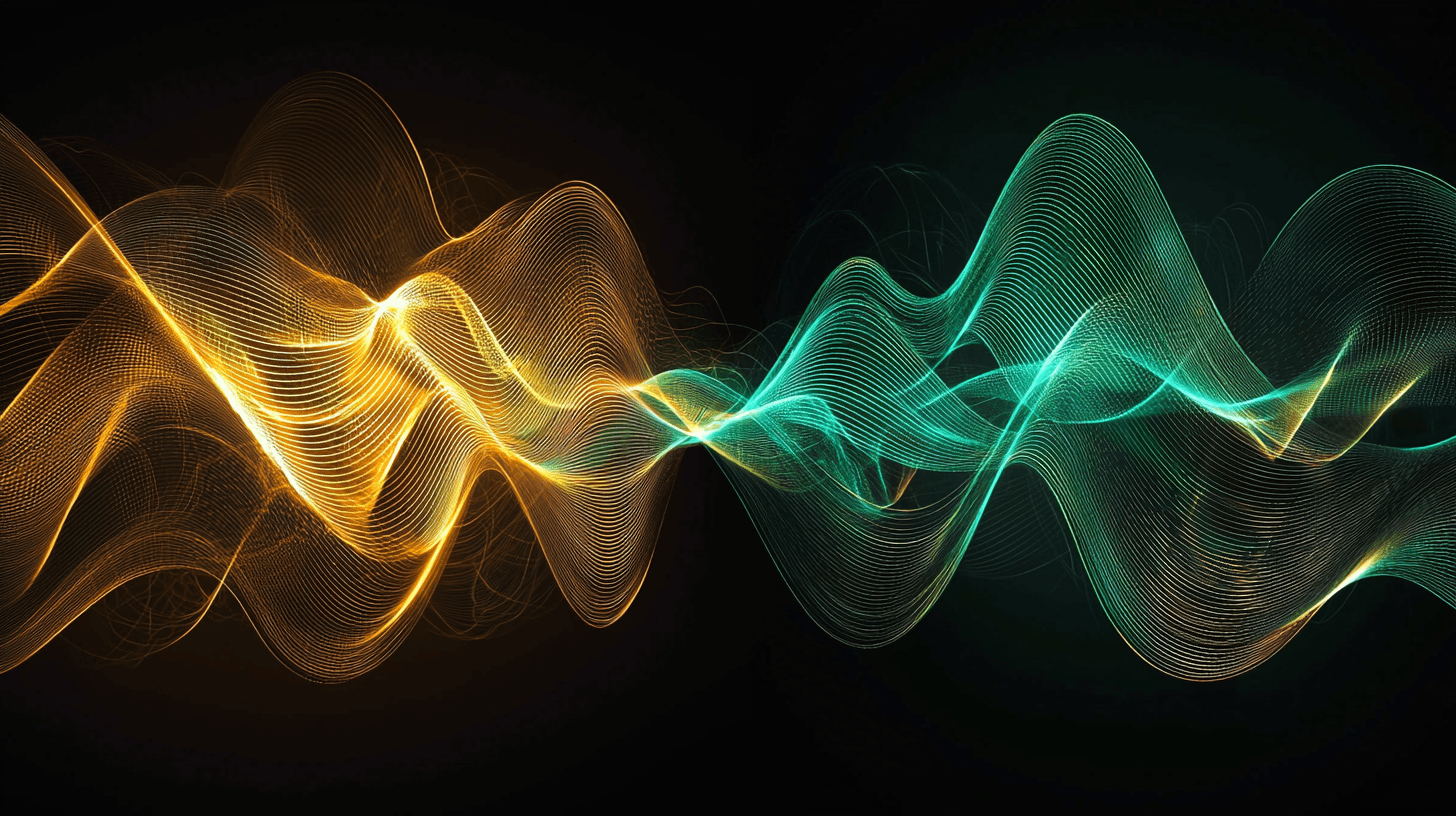 Brass and teal sound frequency waves merging — human emotion meeting AI precision